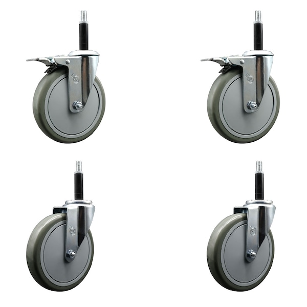 6'' Gray Poly Swivel 3/4'' Expanding Stem Caster Set 2 Total Lock Brakes, 4PK